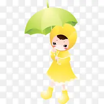 卡通手绘穿雨衣打着雨伞小女孩