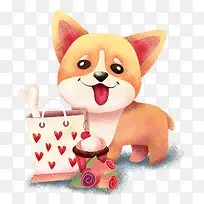 情人节可爱宠物狗与礼品袋插画