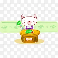 卡通手绘吃菜兔子黄色桌子
