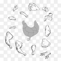 黑白简洁手绘鸡肉鸡的分解免扣