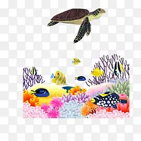 海龟海底生物风景矢量素材