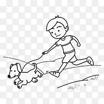黑白插图牵着狗跑的可爱男孩