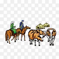 卡通手绘放牛骑马的蒙古人素材