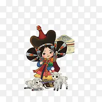 卡通蒙古女孩和小羔羊素材