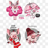 4款手绘新年圣诞猪