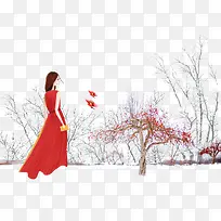 免抠冬季穿红色裙子的女孩