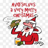 卡通圣诞老人抽雪茄喝饮料插画免