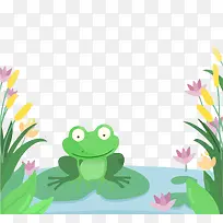 卡通手绘夏季青蛙池塘插画免抠