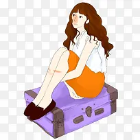 卡通手绘坐在行李箱的女孩