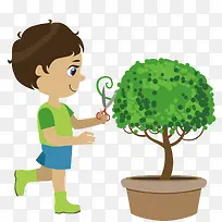 卡通小孩植树节植树修剪树动作矢
