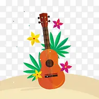 彩色夏威夷吉他和花卉矢量图