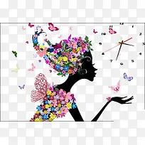 抽象少女与蝴蝶与花