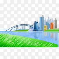 卡通手绘草原江岸上城市桥梁风景