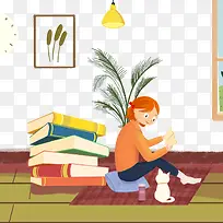 免抠卡通手绘坐在地毯上看书的女