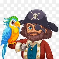 卡通海盗船长和他的鹦鹉
