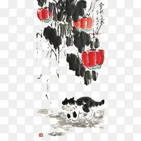 庞希泉现代国画南瓜藤叶下的猫