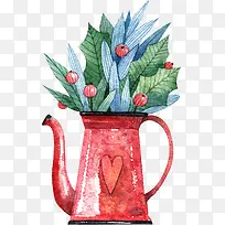 手绘红色茶壶花盆免抠图