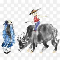 手绘放牛的孩子插画素材
