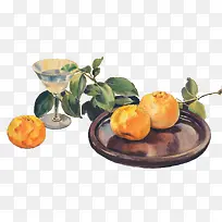 盘子里的柑橘和酒杯静物画