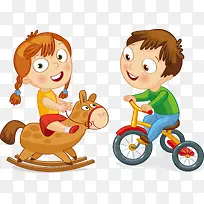 卡通小孩木马自行车玩耍