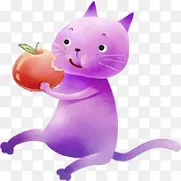 手绘紫色吃苹果花猫