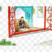 手绘国画风窗前写字的读书人免扣
