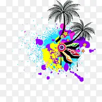 手绘彩色喷绘椰树音乐元素