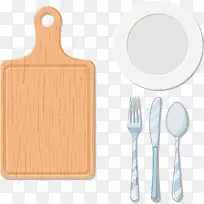 一个褐色菜板与餐盘
