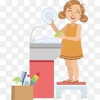一个正在洗碗的女孩