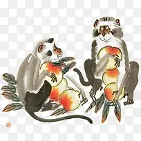 中国风水墨画两只猿猴抱桃插画免