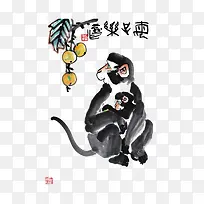 中国风水墨画猴子母子乐免抠