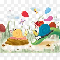 卡通手绘植物蜗牛背景