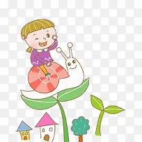 卡通骑着蜗牛的女孩免抠图