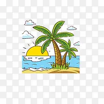 彩绘棕榈树大海风景矢量素材