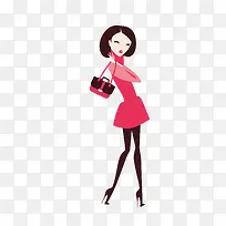 卡通手拿小包红色裙装逛街美女