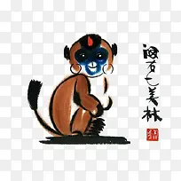 手绘水墨传统棕色可爱猴子插画免