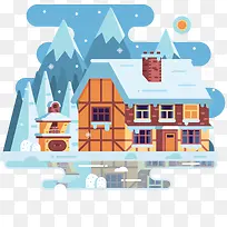 建筑冬季房子风景插画