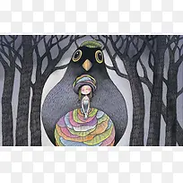卡通几米手绘漫画森林与女孩孤独