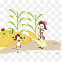 卡通插图玉米地的农村妇女与孩子