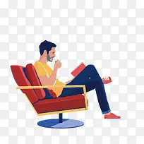 沙发上坐着喝茶看书的男人元素