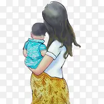 手绘人物插图母亲节妈妈抱着小男