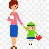 卡通母亲和女儿和婴儿素材
