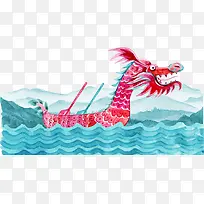 水彩水墨装饰插图端午节龙舟与海
