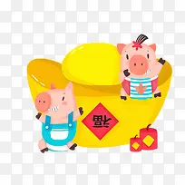 卡通手绘坐在元宝上的小猪