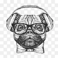 戴耳机和眼镜的素描小狗