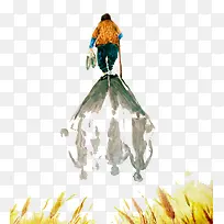 水彩拄拐老人背影
