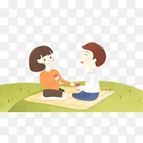 手绘可爱卡通插画草地野餐的情侣