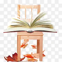 秋风落叶下的凳子书本