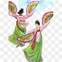 手绘水彩韩国少女跳舞