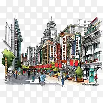 手绘繁华商业街步行街图案